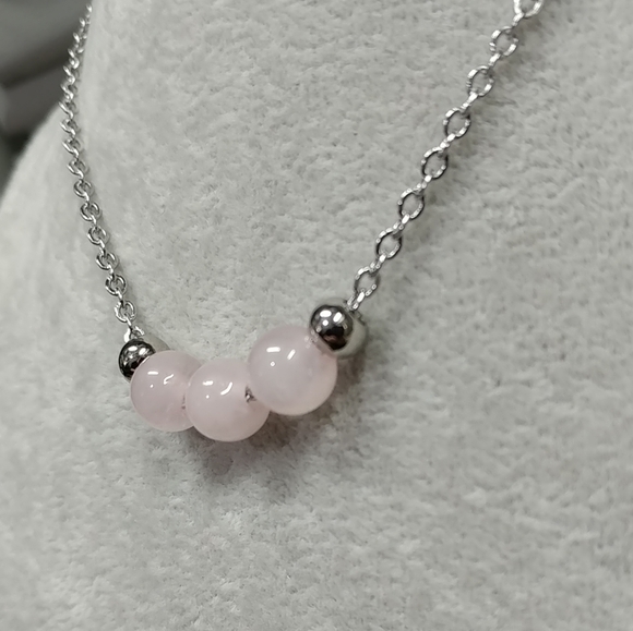 Rose Quartz Three Bead Necklace Natural Gemstone Crystal Stainless-Steel Chain - Picture 5 of 12